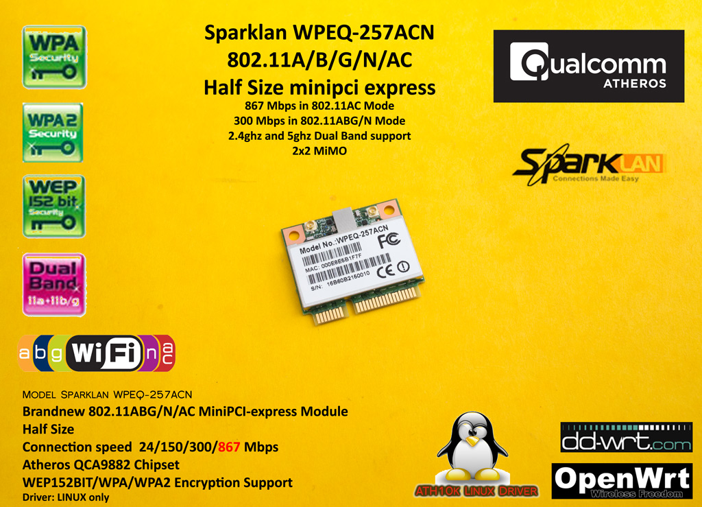SparkLan WPEQ-257ACN Qualcomm Atheros QCA9882 Half size minipci-express 802.11abgn 802.11ac MIMO 2x2 300 mbps 867 mbps dualband 2.4ghz 5ghz