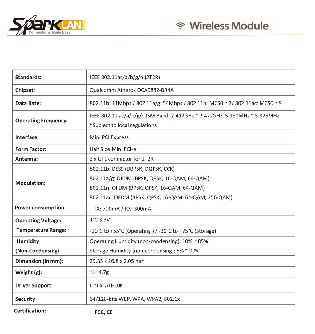 Datasheet SparkLan WPEQ-257ACN Qualcomm Atheros QCA9882 Half size minipci-express 802.11abgn 802.11ac MIMO 2x2 300 mbps 867 mbps dualband 2.4ghz 5ghz