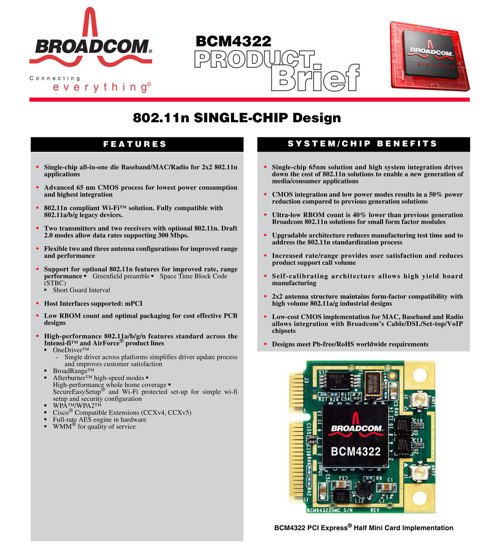 Datasheet 802.11ABG/N Half Size minipci-express card Broadcom BCM94322HM8L / BCM4322 / BCM94322 dualband Hackintosh 8