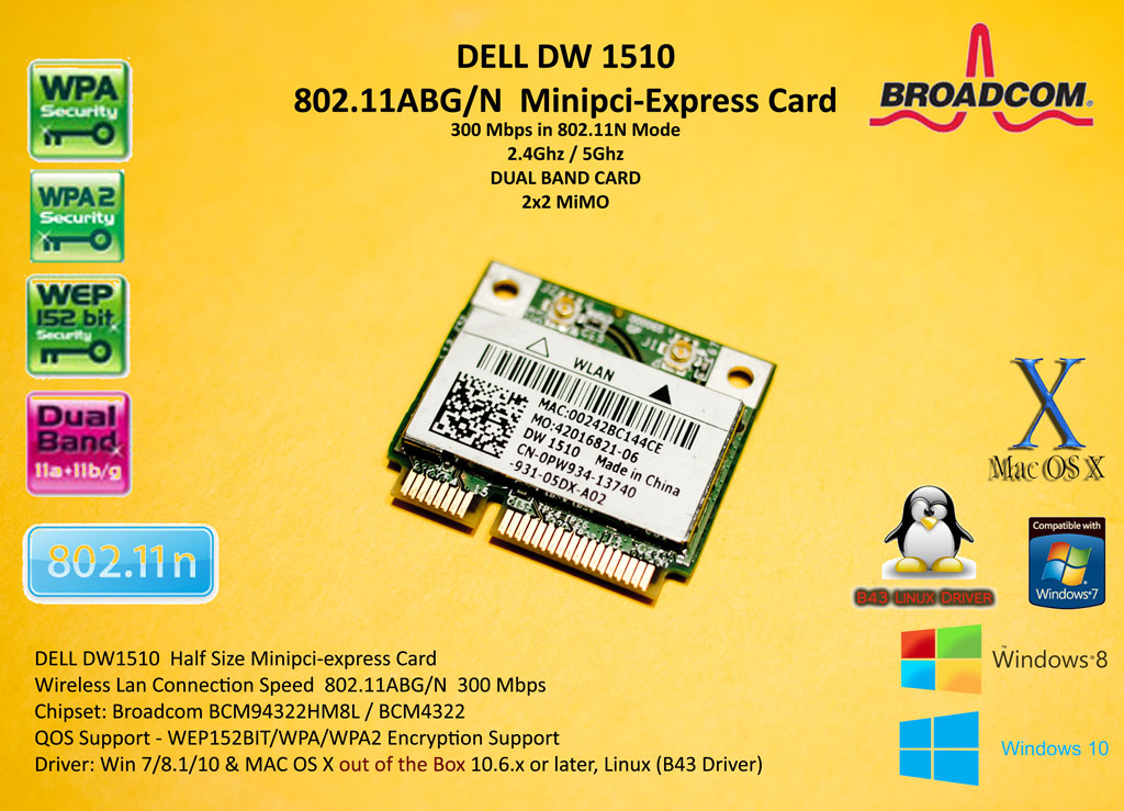 DELL DW1510 802.11ABG/N Half Size minipci-express card Broadcom BCM94322HM8L / BCM4322 / BCM94322 dualband Hackintosh 8